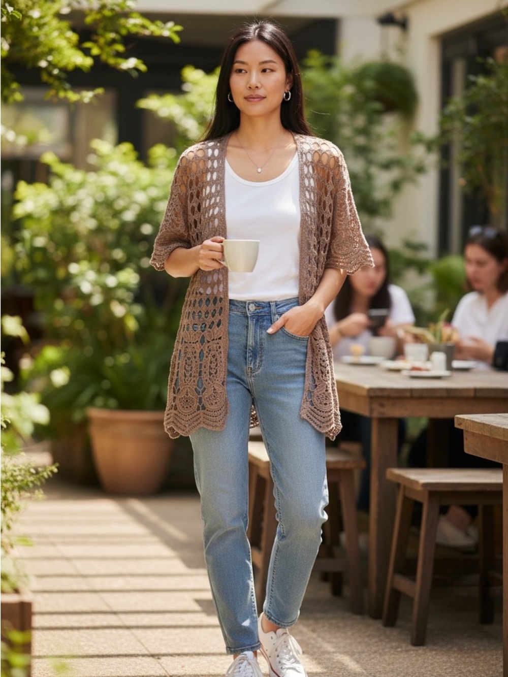Women's Crochet Open Knit Short Sleeve Cardigan